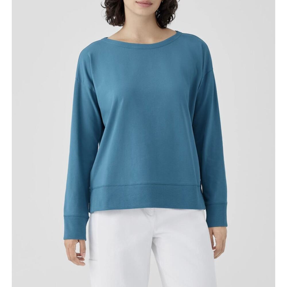 Eileen Fisher Teal Blue Crewneck Sweatshirt Women’s Medium M Relaxed Boxy Top